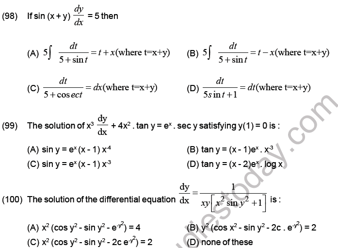 JEE Mathematics Differential Equations MCQs Set B, Multiple Choice